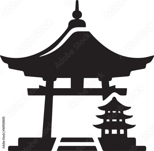 Iconic Japanese Temple Silhouette on White Background, Symbolic of Tradition and Spirituality