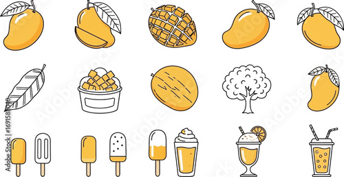 Vibrant mango collection offers fresh fruit, popsicles, and refreshing drinks for summer designs