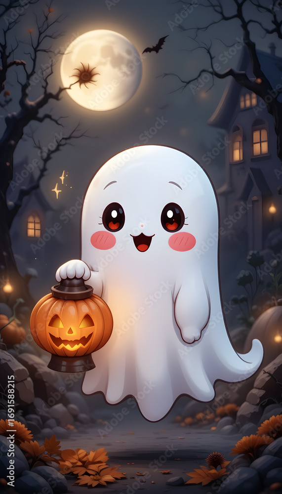 Obraz premium Kawaii cartoon ghost with blushing cheeks.