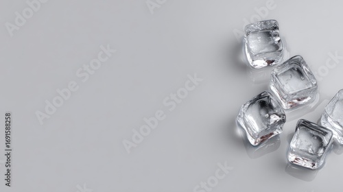 Sparkling ice cubes cluster on a smooth, reflective surface. Their clear forms glisten, catching light and creating a cool, crisp ambience