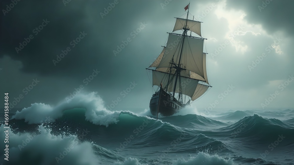 Fototapeta premium Sailing Ship Navigating Rough Seas with Dramatic Dark Sky