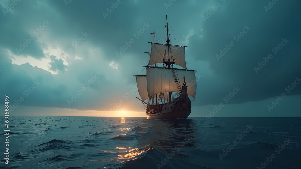 Fototapeta premium Sailing Ship on Blue Ocean at Sunset Under Cloudy Sky