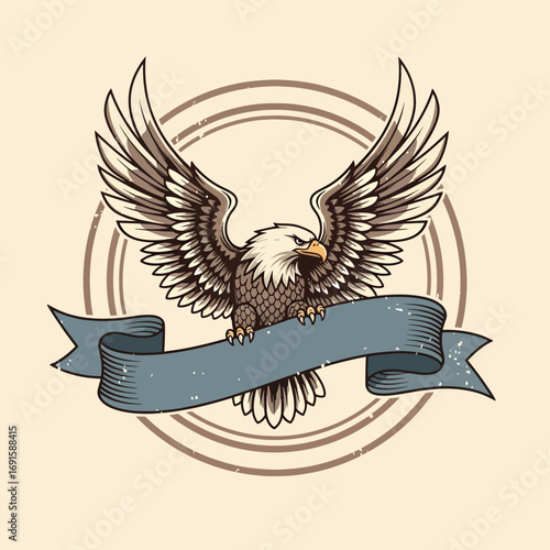 Majestic bald eagle with wings spread wide clutches a vintage ribbon, symbolizing freedom, strength, and national pride in a bold emblem design.