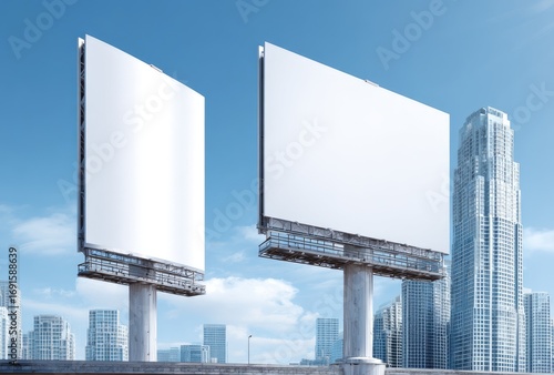 Two blank billboard displays stand against a bright blue sky and a city skyline, providing ample copy space for advertising