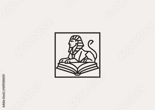 A geometric style line art Sphinx logo with a wisdom book, symbolizing knowledge, riddles, and mystical guardianship