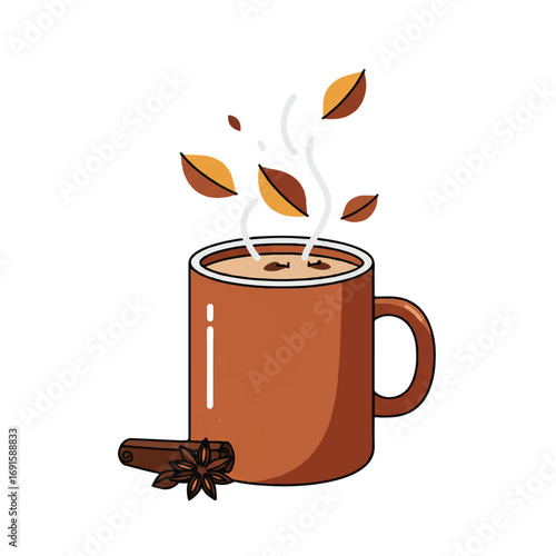 A minimalist 2D flat vector illustration depicts a steaming mug of spiced chai surrounded by falling autumn leaves, rendered with solid colors and clean graphic lines on a white background.