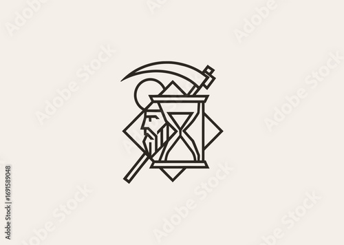 A geometric style line art Kronos logo with hourglass and scythe, representing time, fate, and inevitability