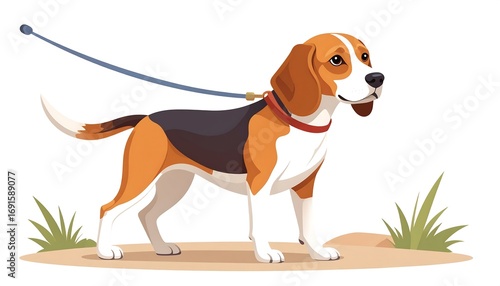 Beagle dog on a leash in a landscape