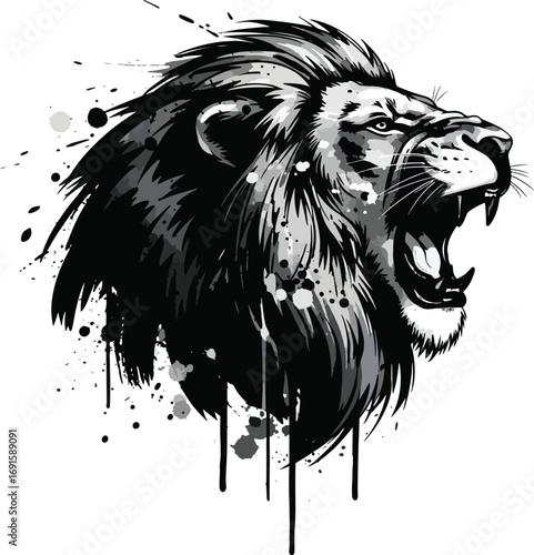 Fierce lion roaring with dynamic splash ink effect, embodying power, wildness, and raw energy for bold branding and design projects