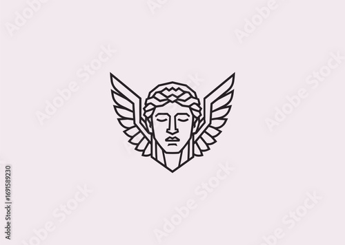 A geometric style line art Morpheus logo with a sleeping face and wings, symbolizing dreams and the god of sleep