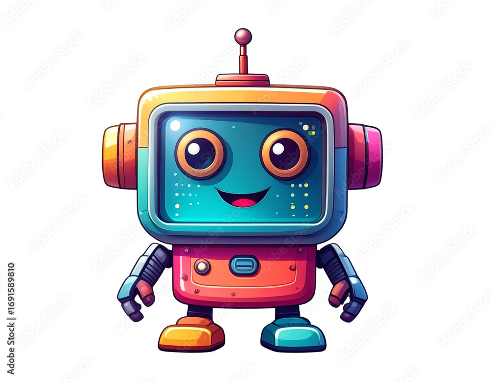 Fototapeta premium Cute Cartoon Robot with Antenna and Smiling Face, Front View, Transparent Background