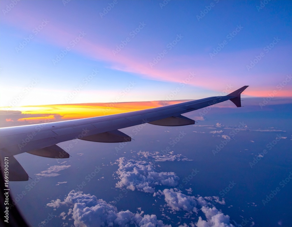 Fototapeta premium Airplane wing with clouds and sunset outside the window