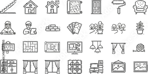 Modern design icons for home renovation projects, showcasing layout, furniture, and decor inspiration