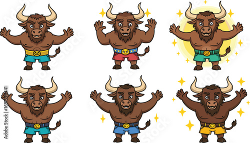 Strong cartoon bull warrior character, powerful minotaur mascot illustration, muscular animal fighter design, fantasy beast artwork for kids and games
