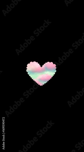 Pixelated heart shape filled with pastel pink and green clouds against a solid black background, centered in frame