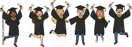 Happy Graduating Students in Cap and Gown Celebrating Graduation Ceremony – Vector Illustration for Education, School Achievement, and Success Concepts
