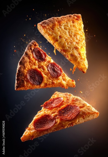 Three floating, triangular pizza slices with pepperoni and cheese. Warm glow and small orange specks around the slices against a dark, blurred background