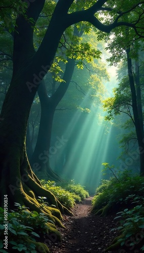 Deep shadows shroud ancient trees in a dense, mysterious forest  Sunlight struggles to pierce the thick canopy, creating an atmosphere of quiet intensity and primal beauty  ,  leaves,  path