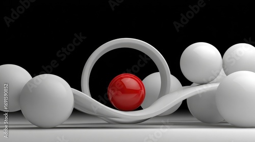 Smooth, round, white spheres surround a single red sphere held by a curved element against a black backdrop, creating an abstract 3D rendered scene