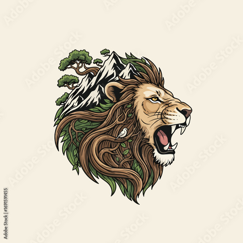 Majestic lion's head transforms into a breathtaking mountain landscape with lush trees and a tiny bird, symbolizing nature's power and wild spirit