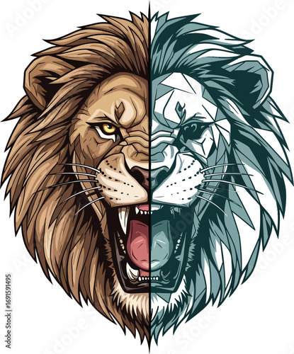 Fierce lion's dual nature depicted in striking contrast, showcasing primal strength and modern, geometric artistry for powerful branding and design concepts