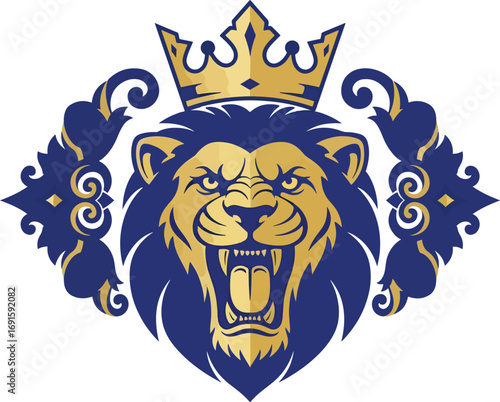 Majestic golden lion roaring proudly wearing a regal crown, symbolizing power, strength, and royalty, perfect for branding and emblems.