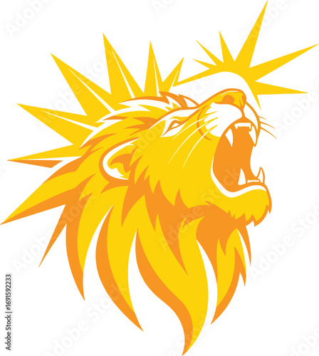 Roaring lion head with vibrant sunburst mane symbolizes power, courage, and leadership, perfect for dynamic branding and motivational themes.