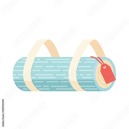 Rolled blue travel mat with a red tag, representing a sailor's bedding for a long Columbus Day sea voyage.