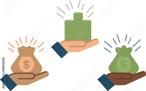 Hand Holding Different Money Bags, Editable Vector Illustration.