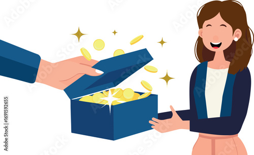 Hand Giving Money Gift Box to Happy Woman, Editable Vector Illustration.