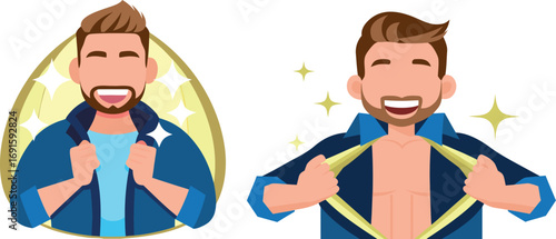 Confident Businessman Opening Shirt Like Superhero, Editable Vector Illustration.