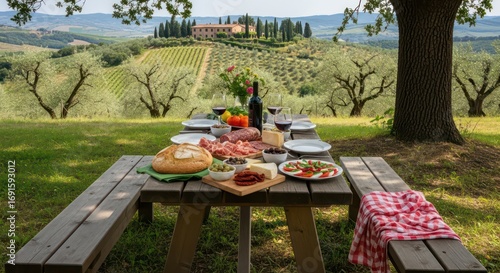 Tuscan Picnic: Delicious Food and Wine with Scenic Villa Backdrop
