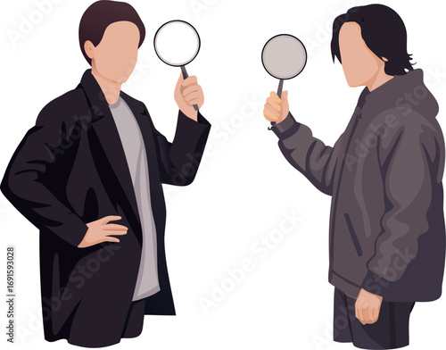 Two Men Searching with Magnifying Glass, Editable Vector Illustration.