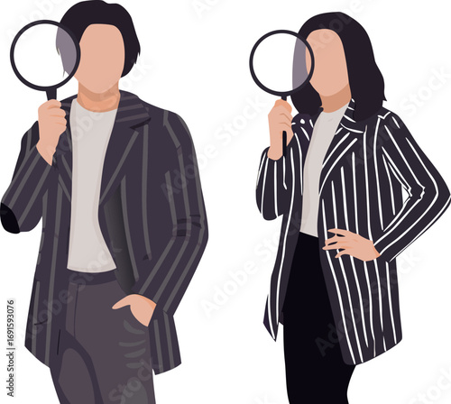 Business People Searching with Magnifying Glass, Editable Vector Illustration.