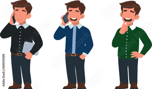 Businessman Talking on Mobile Phone in Different Shirt Colors, Editable Vector Illustration.
