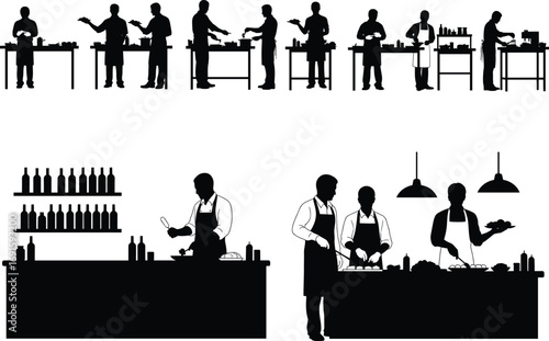 Silhouette Vector Set of Chefs Cooking, Preparing Food, Serving Dishes, and Working in Kitchen with Bottles and Utensils