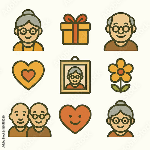 A warm, simple vector icon set illustrating themes of family, love, and elderly care (Grand parents Day).