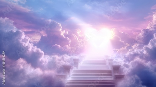 Stairs rise toward a glowing heart shape in a lavender and white sky filled with clouds, suggesting a hopeful, spiritual journey upward