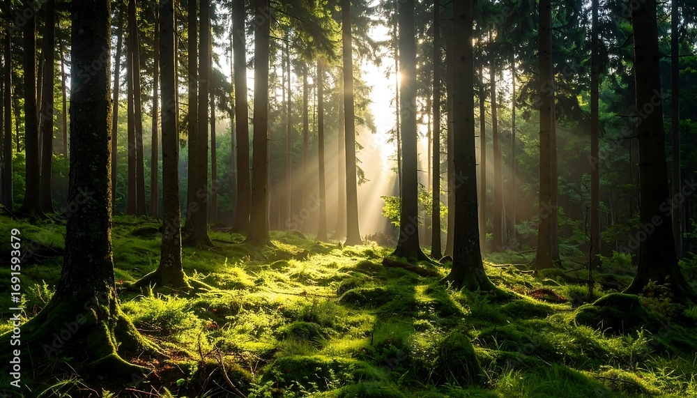 Obraz premium Sunlight streams through a misty forest (1)