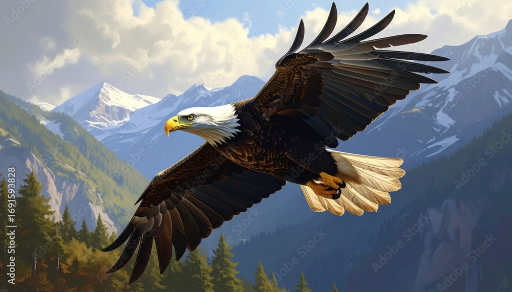 Obraz premium Majestic bald eagle soars through a picturesque mountain landscape, showcasing the beauty of nature's grandeur.