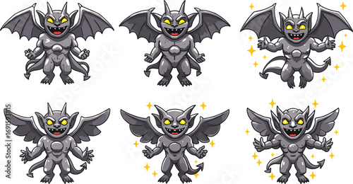 Scary cartoon gargoyle character, gothic stone monster mascot illustration, fantasy demon creature artwork, winged mythical beast design for Halloween