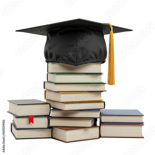 Black Graduation Cap Atop Stack of Books on Transparent Background: Education, Knowledge, Achievement, Success, Learning