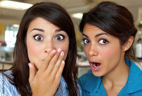 Two young women are startled, one covering her mouth in surprise. They both appear shocked, wide-eyed, and engaged with the viewer