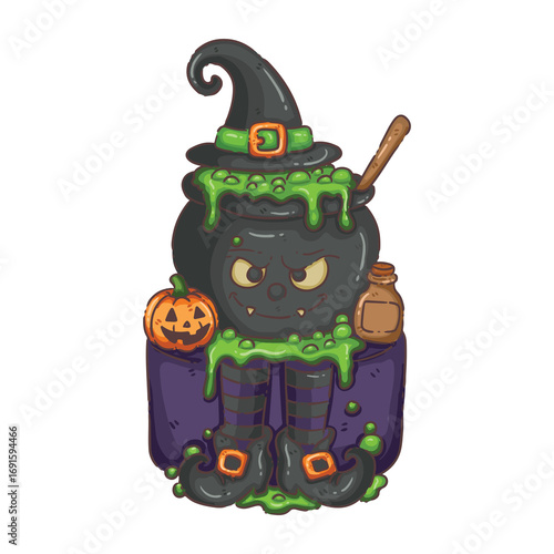 Whimsical Witch's Cauldron Character with Potion, Pumpkin and Broomstick