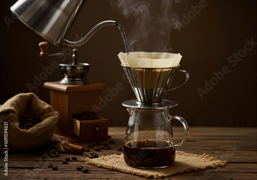 Artisanal pour-over coffee brewing setup on a rustic wooden table