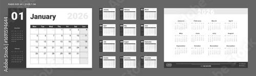 2026 Calendar Planner Set of Template Monthly Pages, Annual 2026. Vector layout grid of wall or desk calendar with week start Monday in red and black color. Pages A4-21x29.7 cm ready print