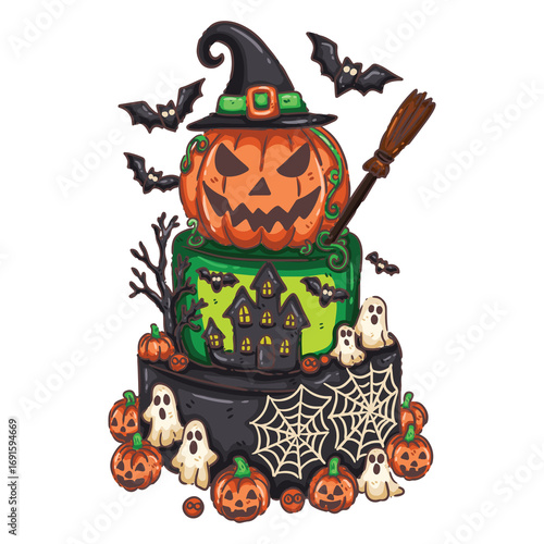 Elaborate Halloween Tiered Cake with Jack-o'-Lantern, Haunted House, and Ghosts