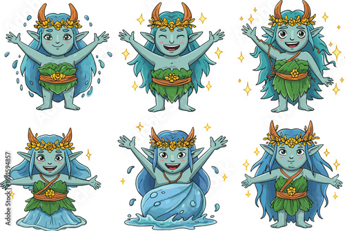 Cartoon water fairy character, cute magical nymph illustration, fantasy sprite design, mythical nature spirit artwork, magical goddess element character