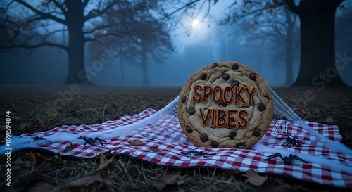 Spooky vibes cookie on a picnic blanket with spider decorations in a foggy forest for a halloween celebration