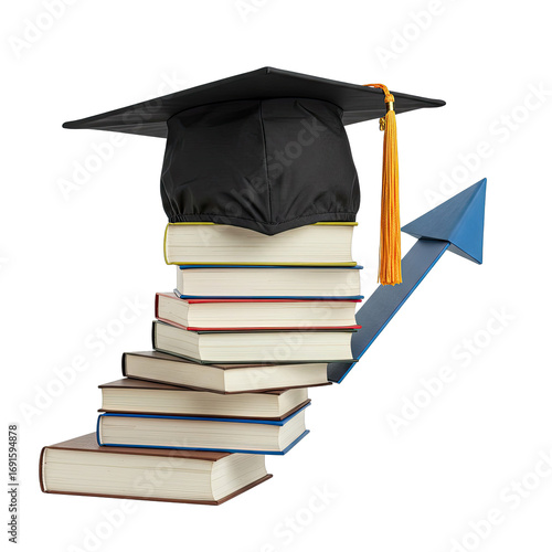 Black Graduation Cap Atop Stack of Books with Ascending Blue Arrow on Transparent Background